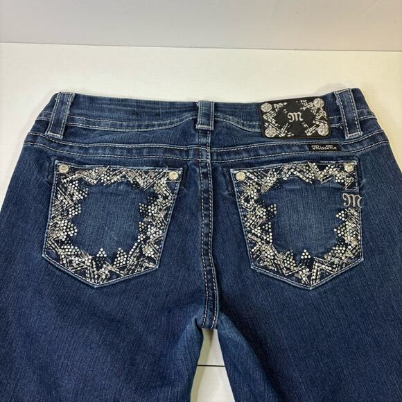Miss Me Blue Bling Boot Cut Jeans with Embroidered Back Pockets Size 28 A0007 - Picture 1 of 12